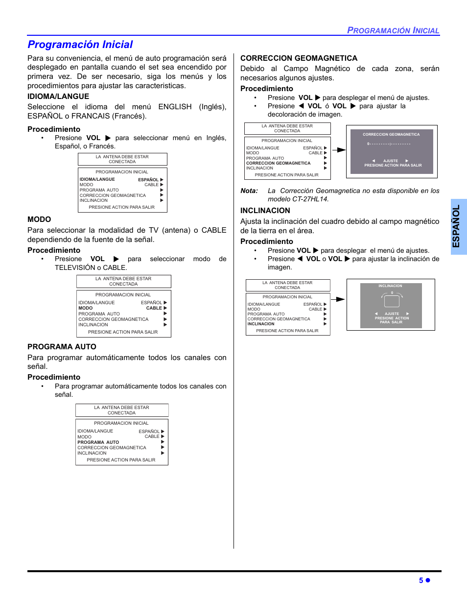 Programacion inicial, Programación inicial, Es p añol | Panasonic CT 27HL14 User Manual | Page 31 / 80