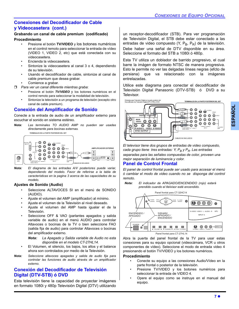 Conexion del amplificador de sonido, Conexion del decodificador de television digital, Panel de control frontal | Conexión del amplificador de sonido, Los botones numéricos, Ajustes de sonido (audio), Procedimiento, Onexiones, Quipo, Pcional | Panasonic CT 27HL14 User Manual | Page 33 / 80