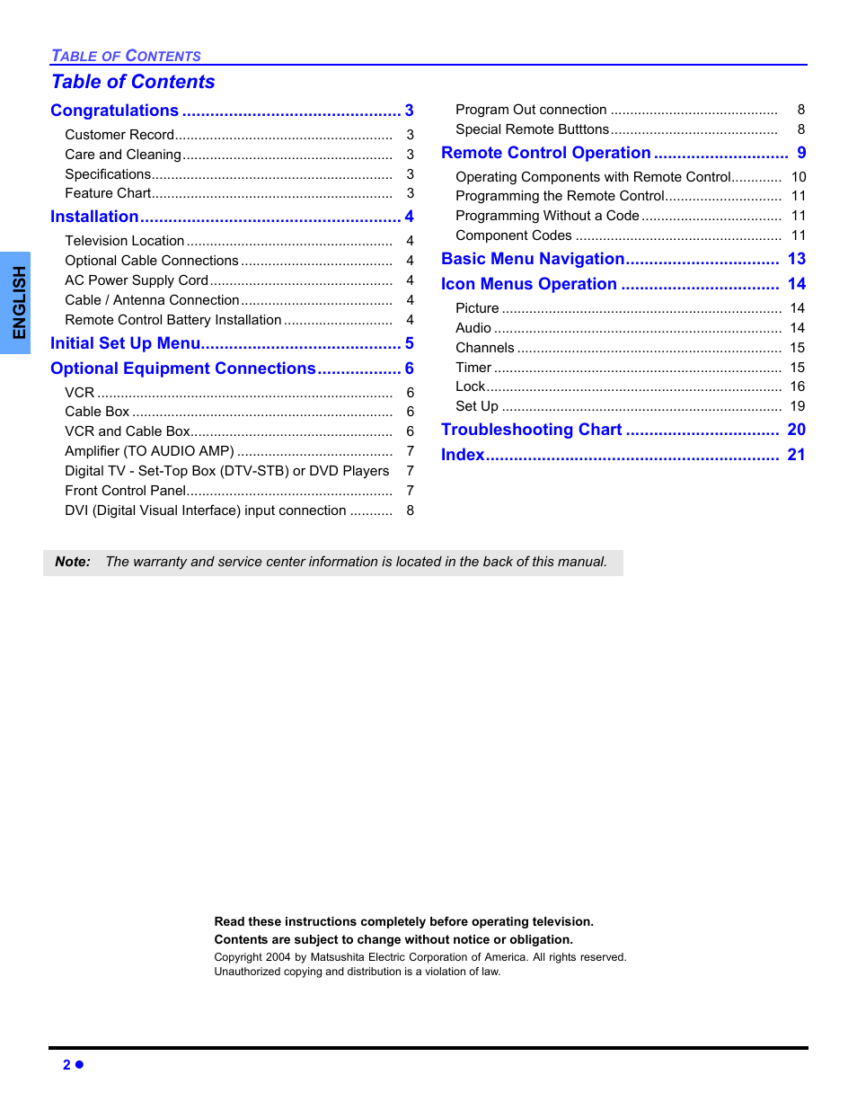 Panasonic CT 27HL14 User Manual | Page 4 / 80