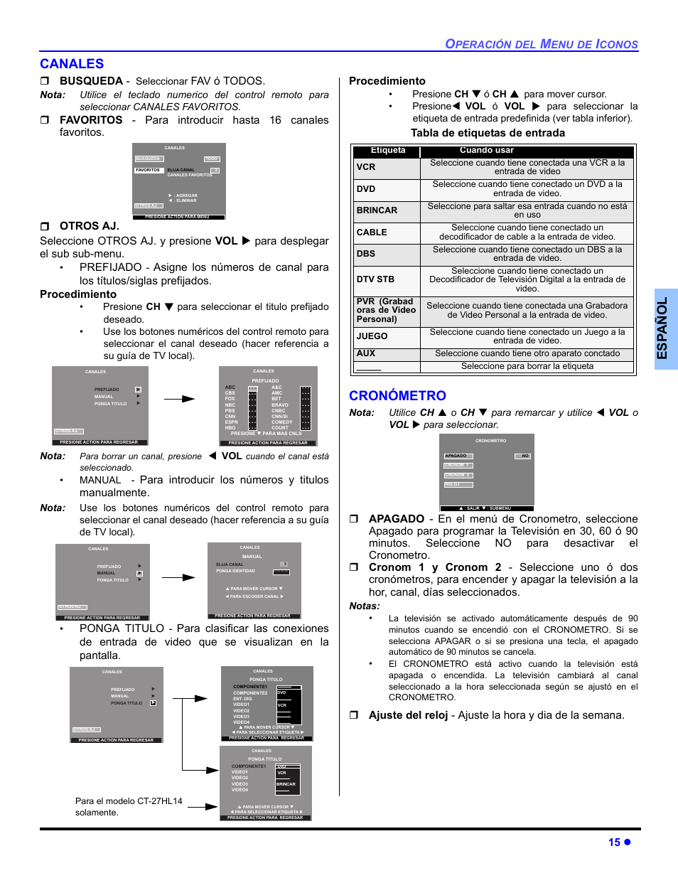Canales, Coronometro, Es p añol canales | Cronómetro, 15 z, Busqueda, Fav ó todos, Prefijado, Para introducir los números y titulos manualmente, Ponga titulo | Panasonic CT 27HL14 User Manual | Page 41 / 80