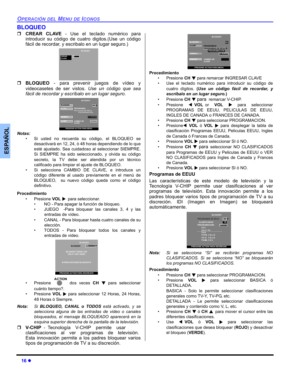 Bloqueo, Es p añol bloqueo | Panasonic CT 27HL14 User Manual | Page 42 / 80