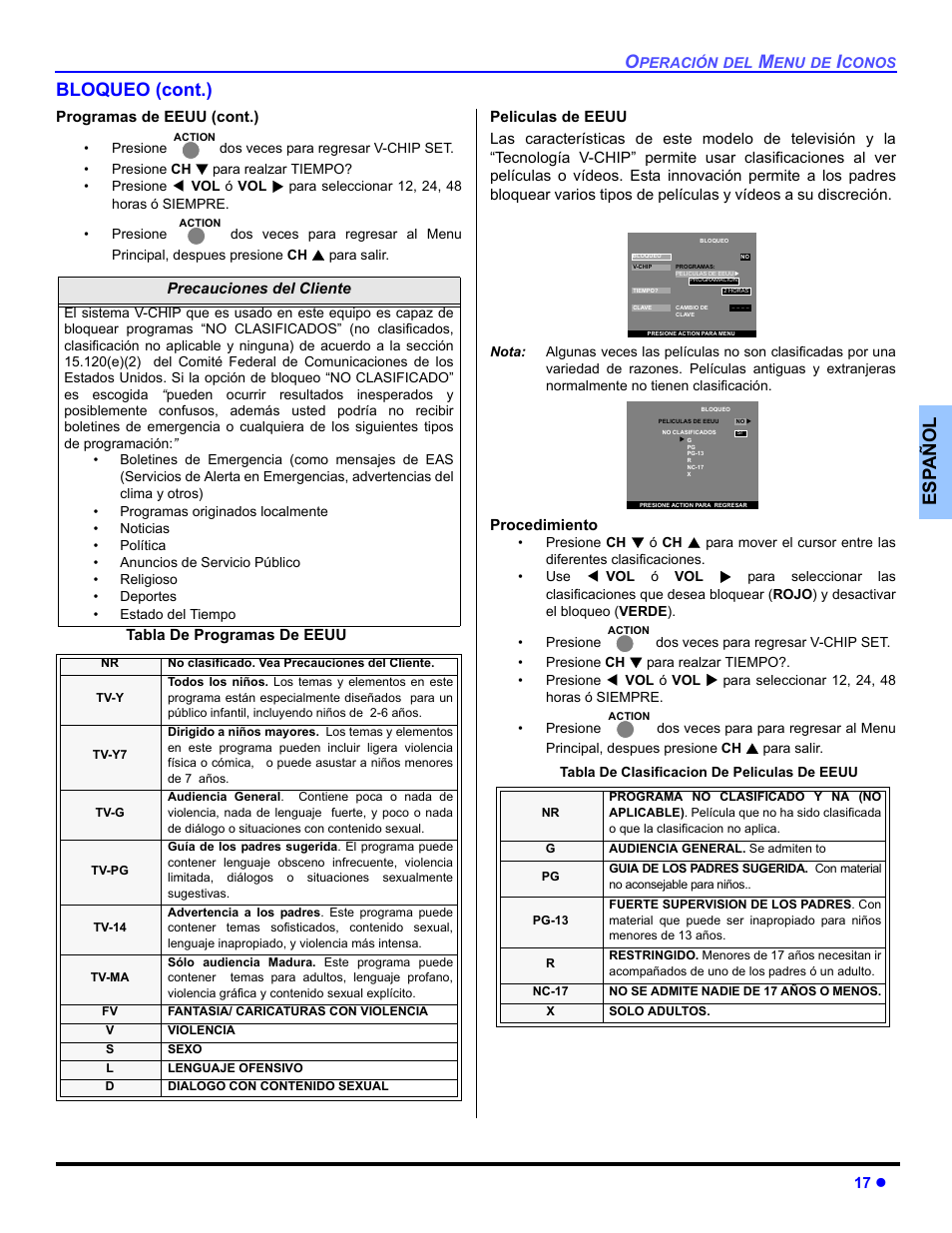 Es p añol bloqueo (cont.) | Panasonic CT 27HL14 User Manual | Page 43 / 80