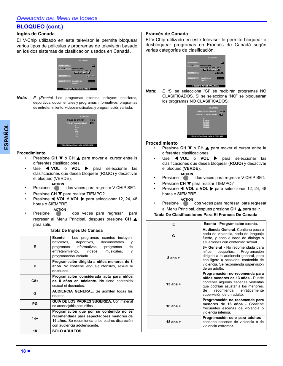 Es p añol bloqueo (cont.), 18 z, Procedimiento | Panasonic CT 27HL14 User Manual | Page 44 / 80