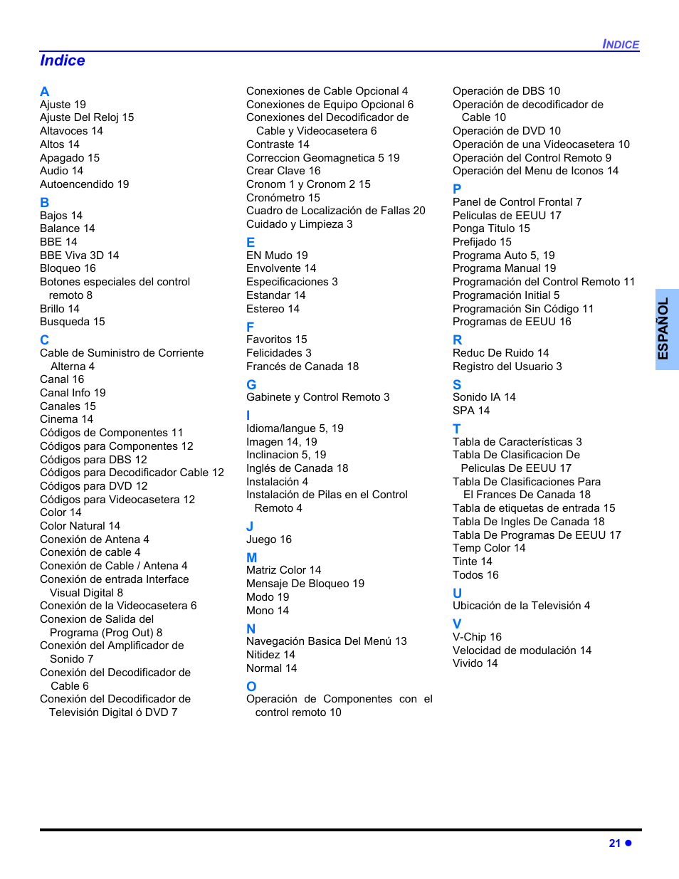 Indice | Panasonic CT 27HL14 User Manual | Page 47 / 80