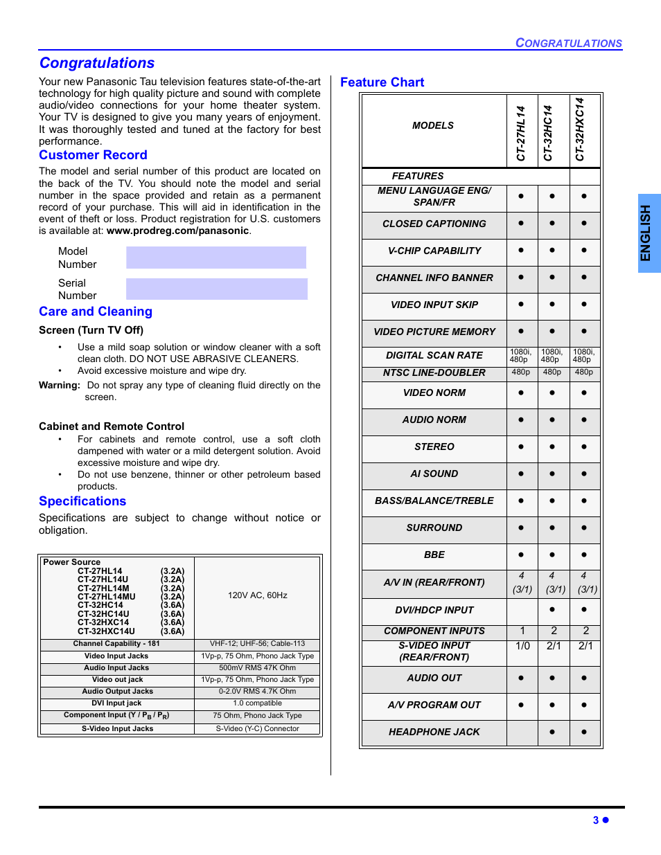 Congratulations, Customer record, Care and cleaning | Specifications, Feature chart | Panasonic CT 27HL14 User Manual | Page 5 / 80