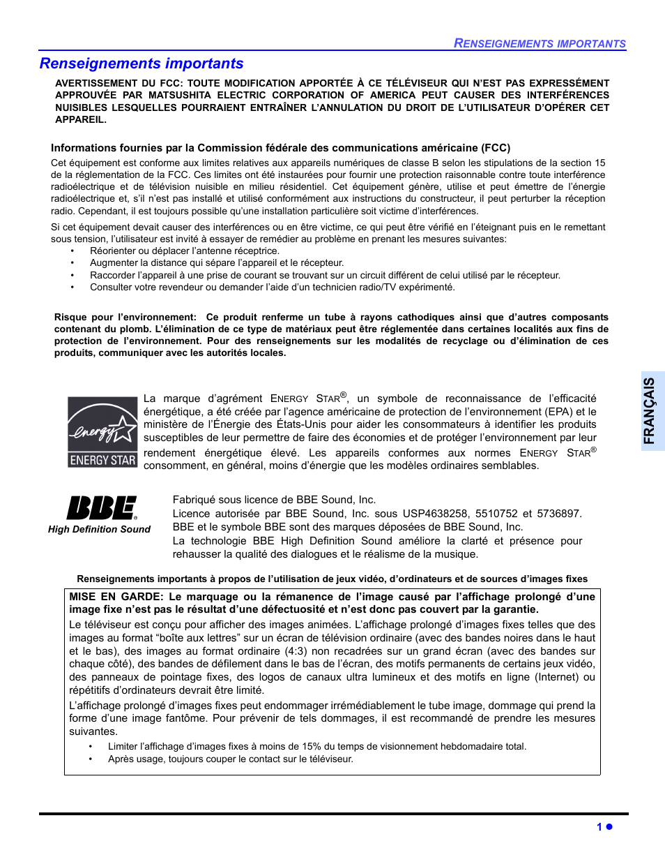 Renseignements importants, Françai s | Panasonic CT 27HL14 User Manual | Page 51 / 80