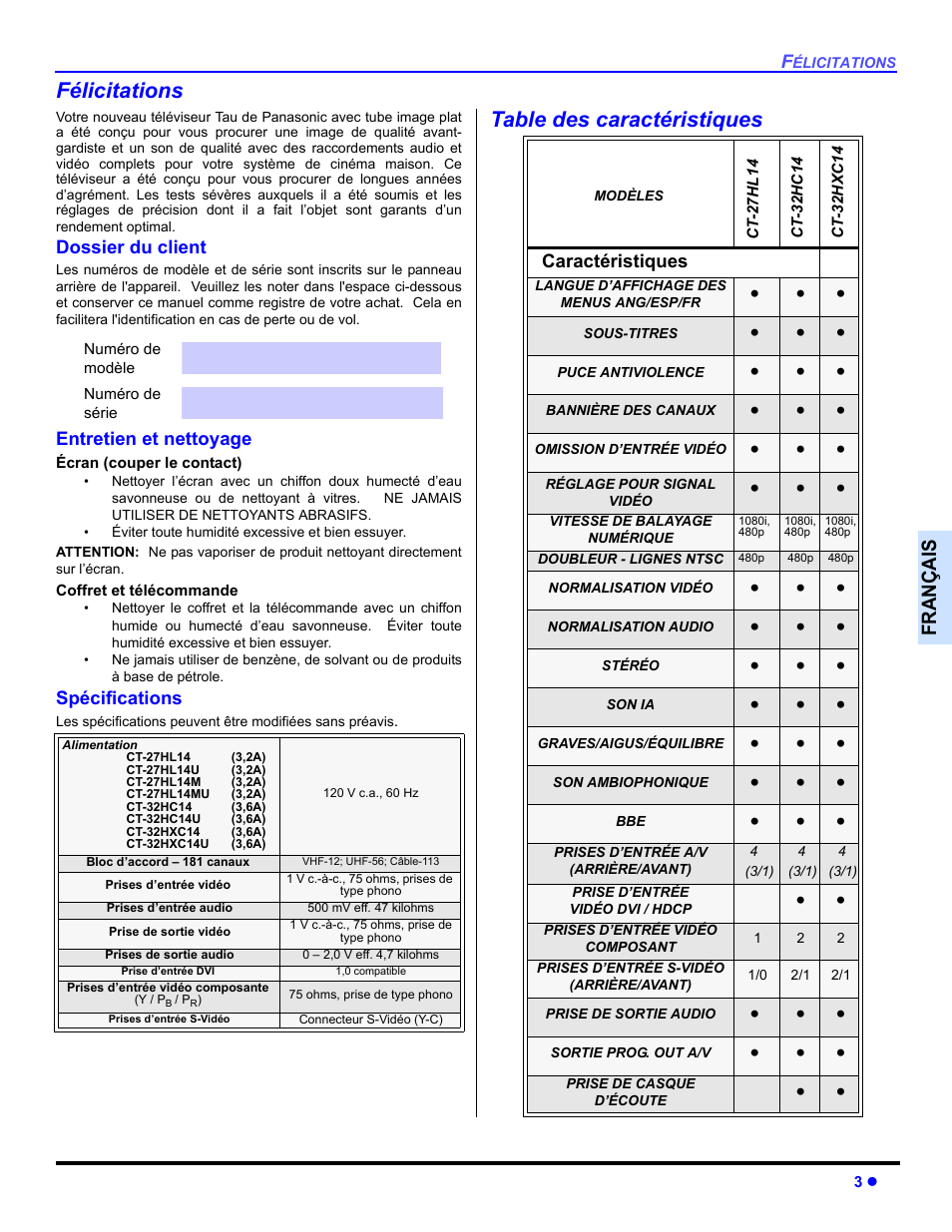 Felicitations, Dossier du client, Entretien et nettoyage | Specifications, Table des caracteristiques, Félicitations, Table des caractéristiques, Françai s | Panasonic CT 27HL14 User Manual | Page 53 / 80