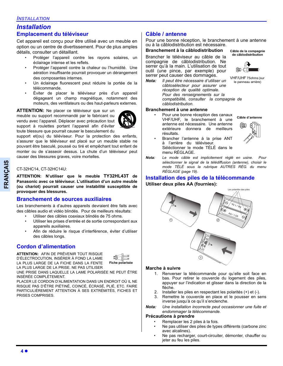 Installation, Emplacement du televiseur, Branchement de sources auxilliaires | Cordon d'alimentation, Cable / antenne, Installation des piles de la telecommande, Françai s, Emplacement du téléviseur, Branchement de sources auxiliaires, Cordon d’alimentation | Panasonic CT 27HL14 User Manual | Page 54 / 80