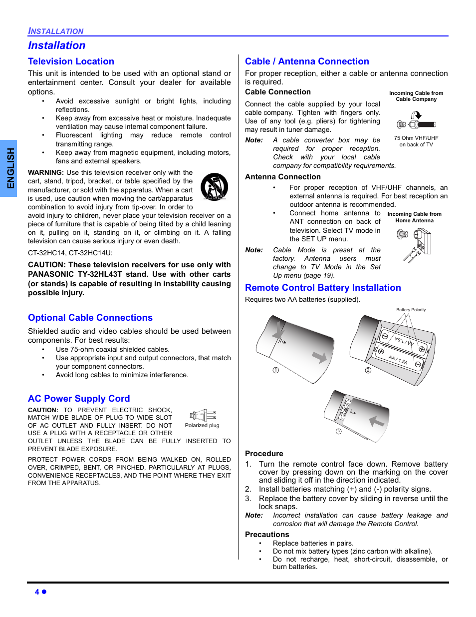 Installation, Television location, Optional cable connections | Ac power supply cord, Cable / antenna connection, Remote control battery installation, English | Panasonic CT 27HL14 User Manual | Page 6 / 80