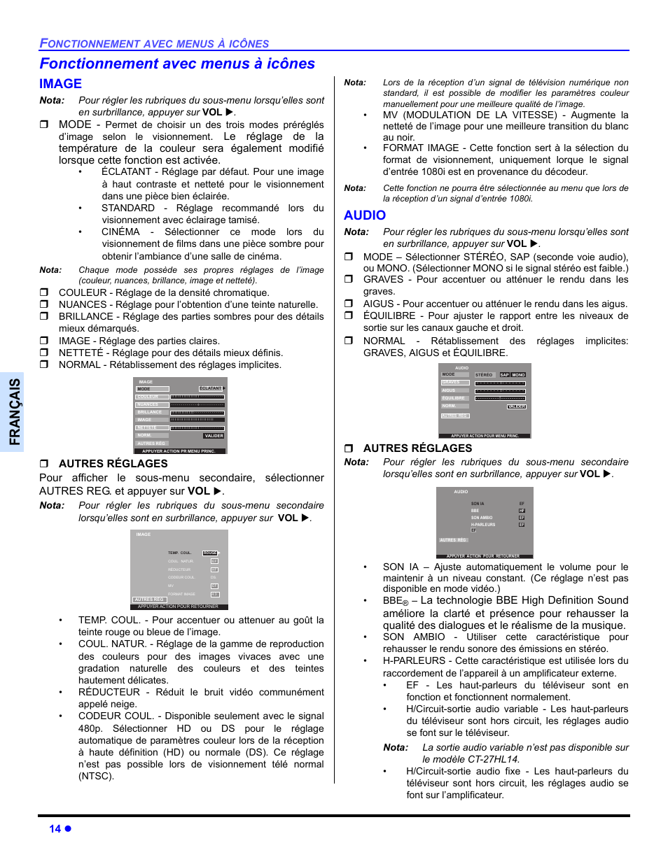 Fonctionnement avec menus a icones, Image, Audio | Fonctionnement avec menus à icônes, Françai s, 14 z, Mode, Autres réglages | Panasonic CT 27HL14 User Manual | Page 64 / 80