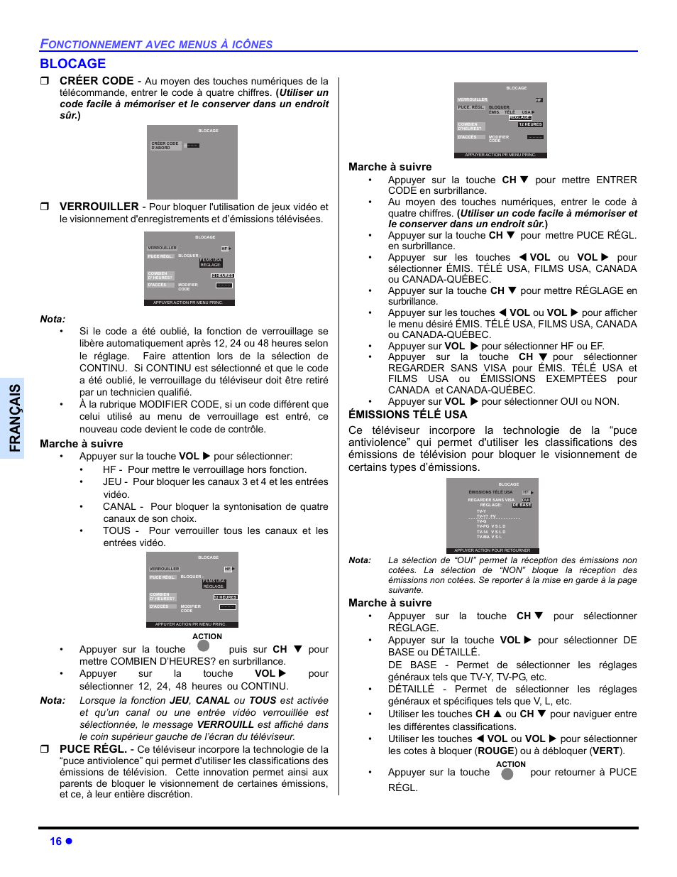 Blocage, Françai s, 16 z | Créer code, Verrouiller, Marche à suivre, Puce régl | Panasonic CT 27HL14 User Manual | Page 66 / 80