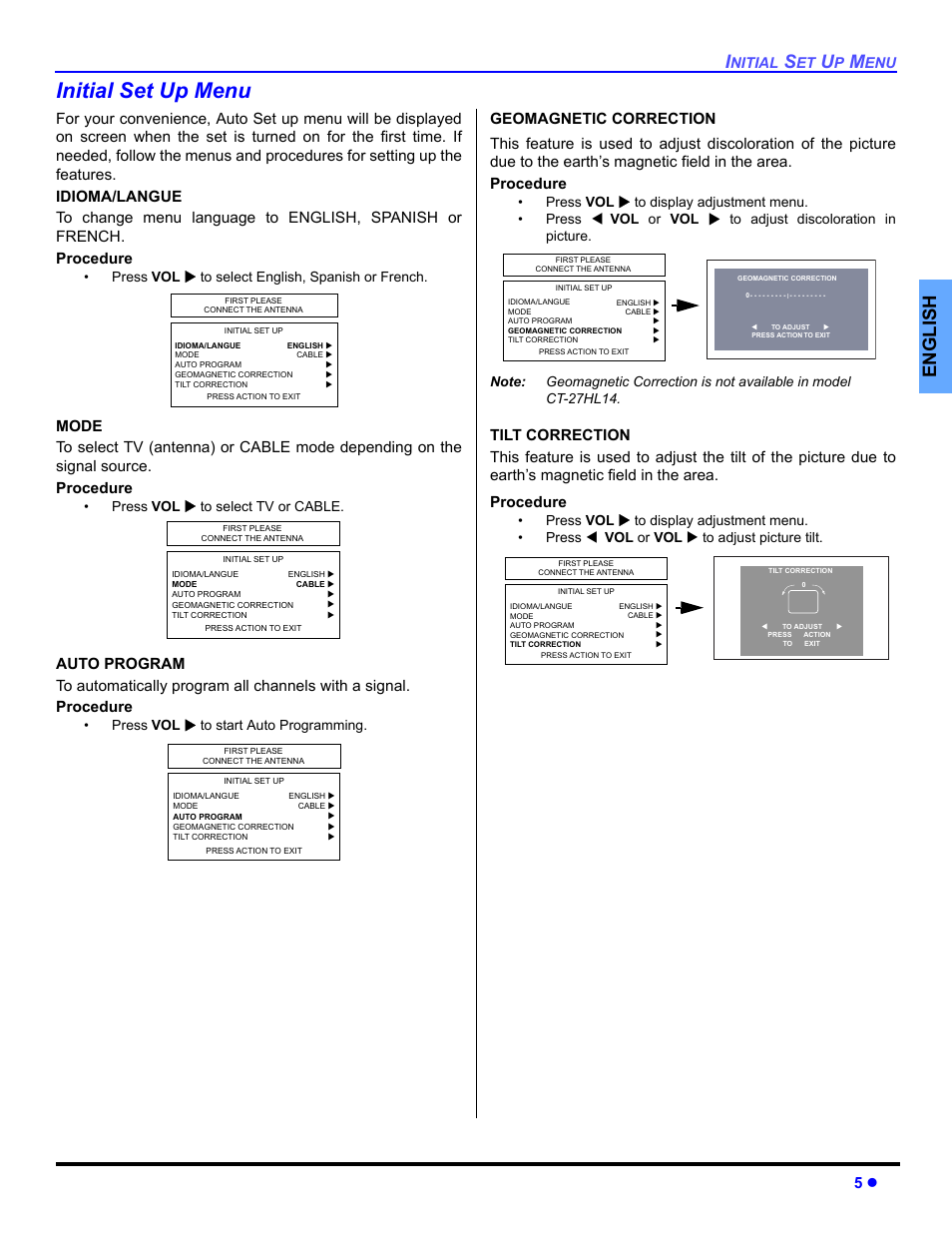 Initial set up menu, English, Nitial | Press vol to select english, spanish or french, Press vol to select tv or cable, Press vol to start auto programming | Panasonic CT 27HL14 User Manual | Page 7 / 80
