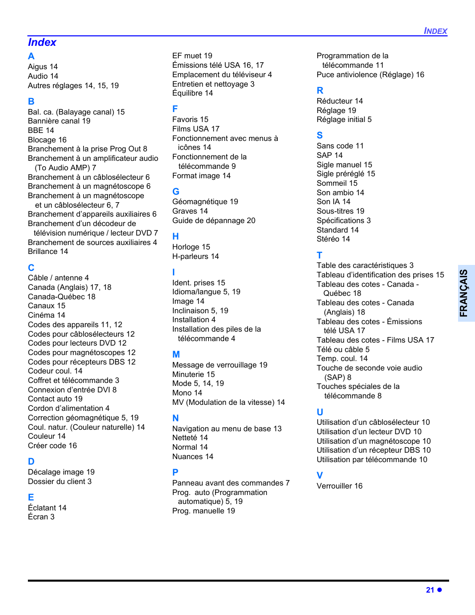 Index, Françai s | Panasonic CT 27HL14 User Manual | Page 71 / 80