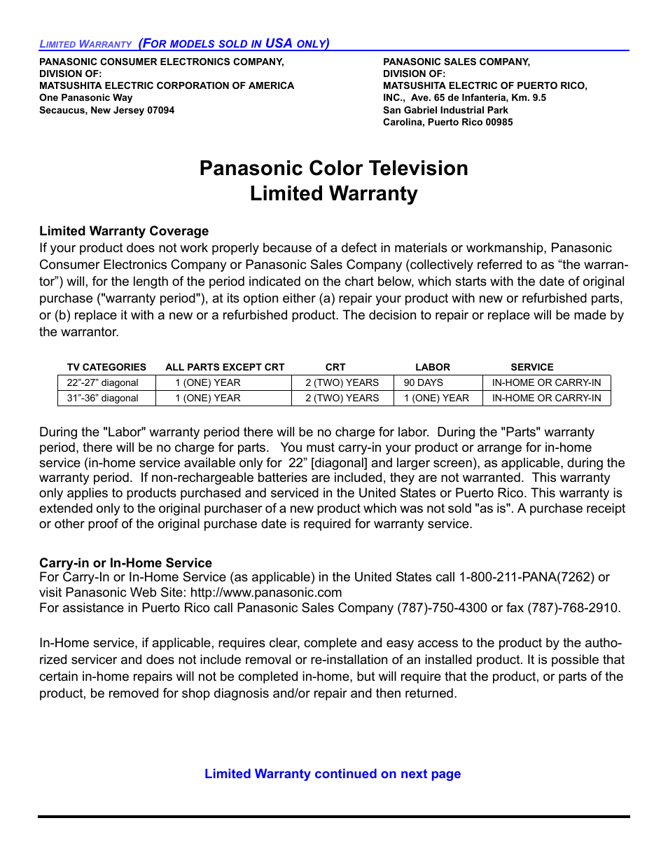 Panasonic color television limited warranty | Panasonic CT 27HL14 User Manual | Page 74 / 80