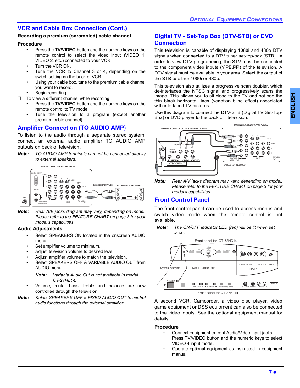 Amplifier (to audio amp), Front control panel, English vcr and cable box connection (cont.) | Amplifier connection (to audio amp), Audio adjustments, Ptional, Quipment, Onnections | Panasonic CT 27HL14 User Manual | Page 9 / 80