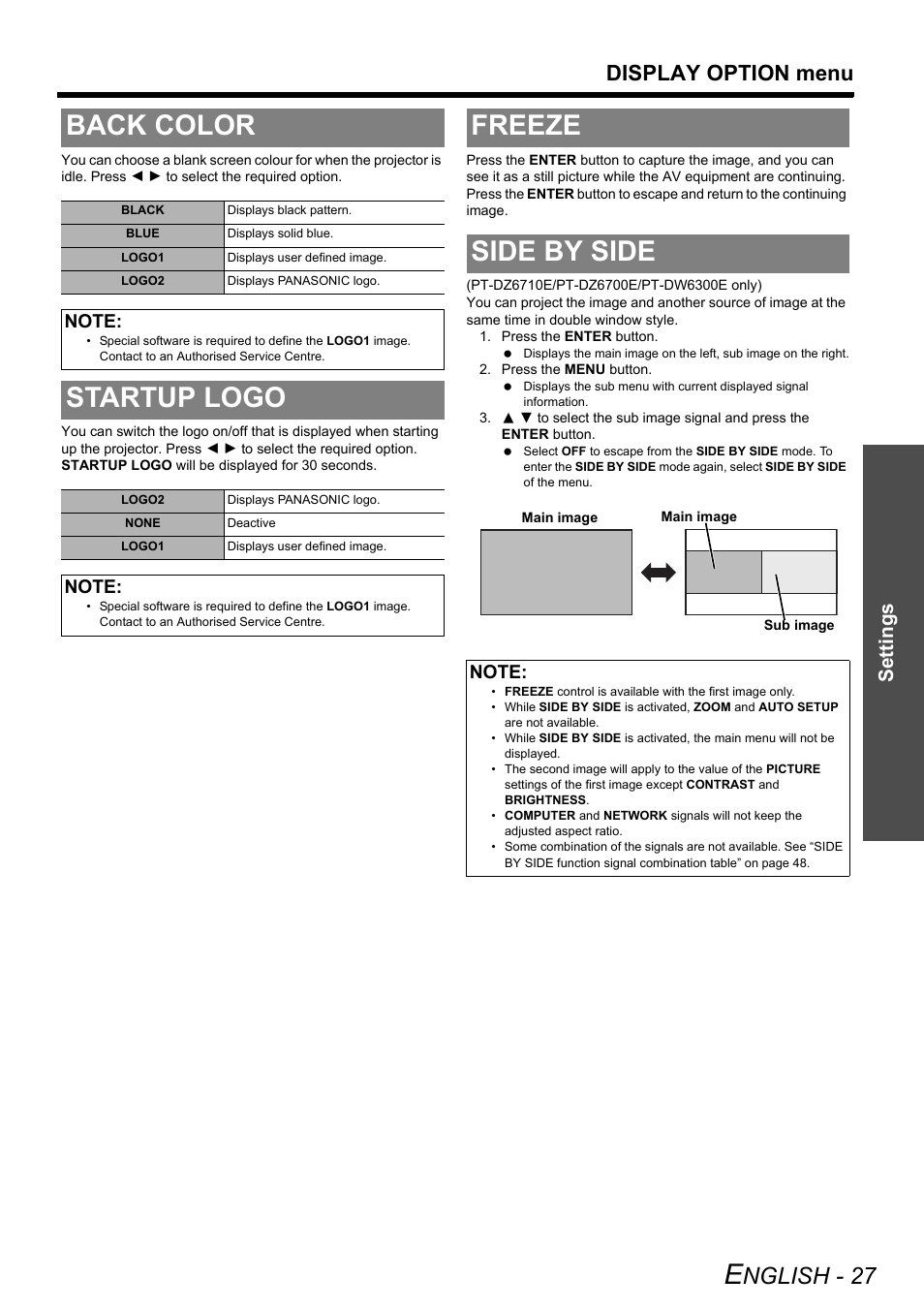 Back color, Startup logo, Freeze | Side by side, Back color startup logo freeze side by side, Freeze side by side, Nglish - 27, Display option menu, Settings | Panasonic DLP PT-DW6300 User Manual | Page 27 / 52