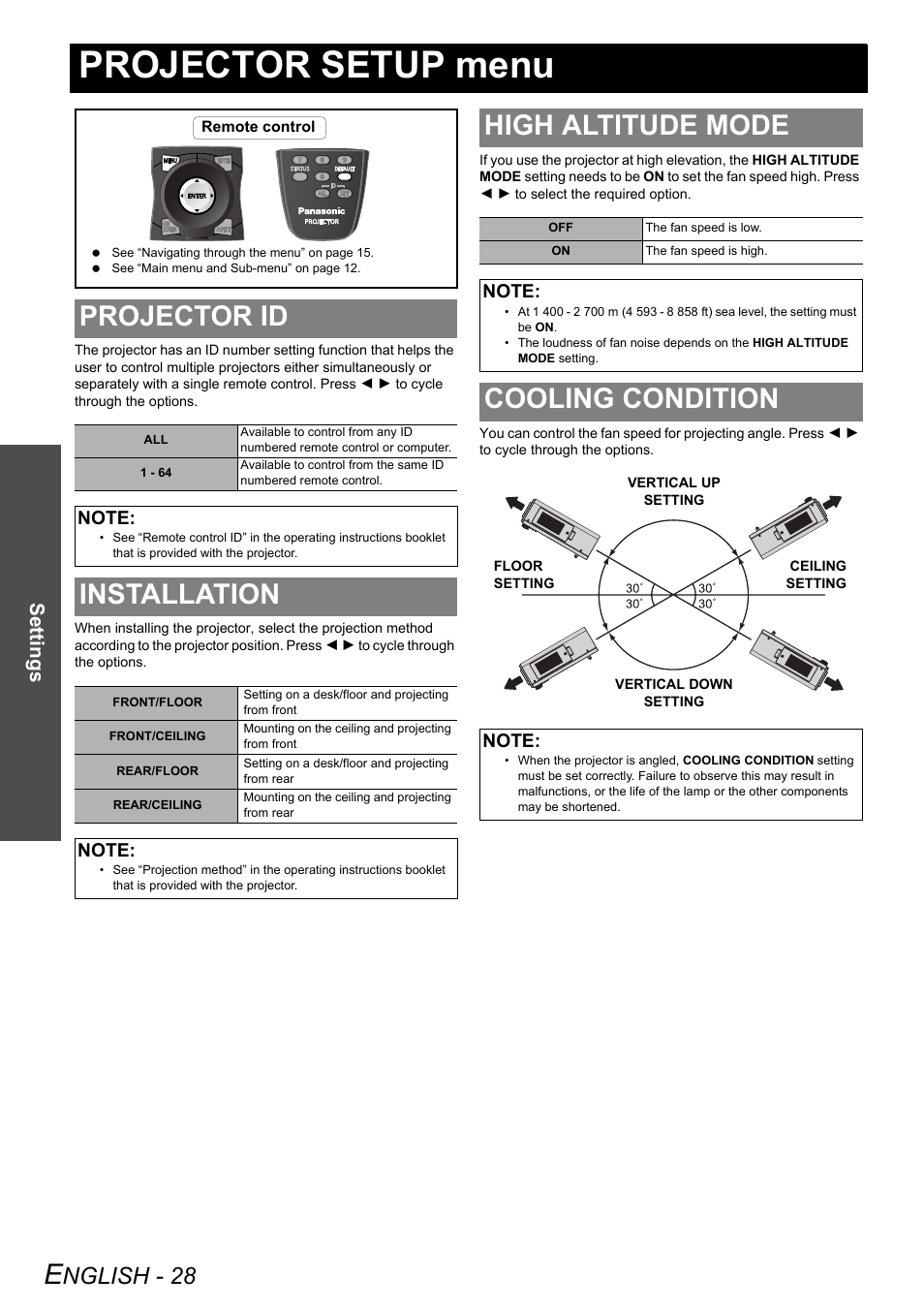 Projector setup menu, Projector id, Installation | High altitude mode, Cooling condition, Nglish - 28, Settings | Panasonic DLP PT-DW6300 User Manual | Page 28 / 52
