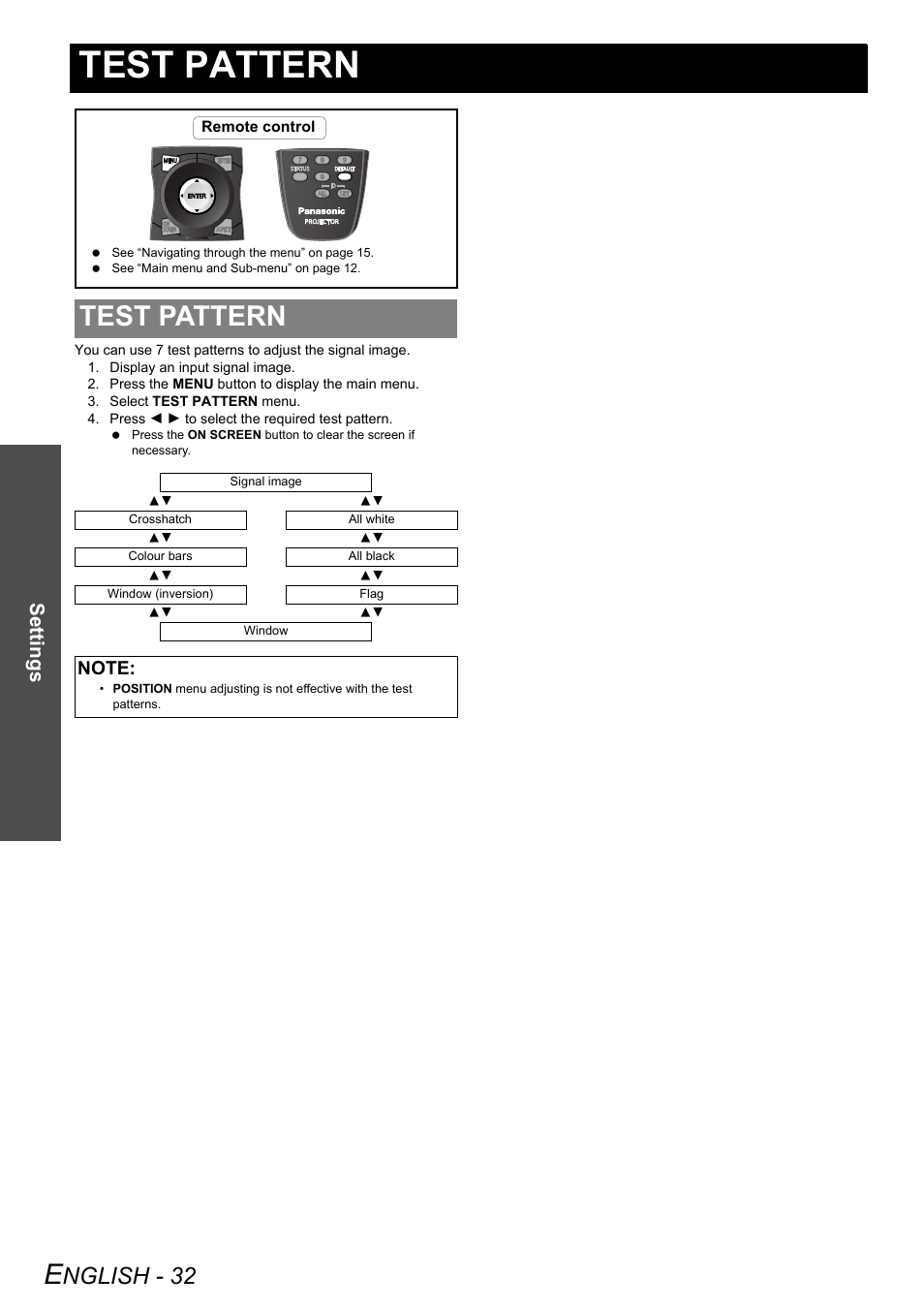 Test pattern, Nglish - 32, Settings | Panasonic DLP PT-DW6300 User Manual | Page 32 / 52