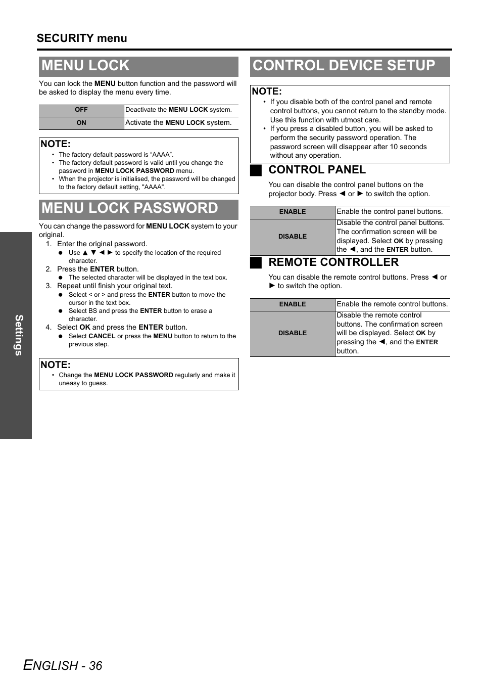 Menu lock, Menu lock password, Control device setup | Menu lock menu lock password control device setup, Nglish - 36, Security menu, Jcontrol panel, Jremote controller, Settings | Panasonic DLP PT-DW6300 User Manual | Page 36 / 52