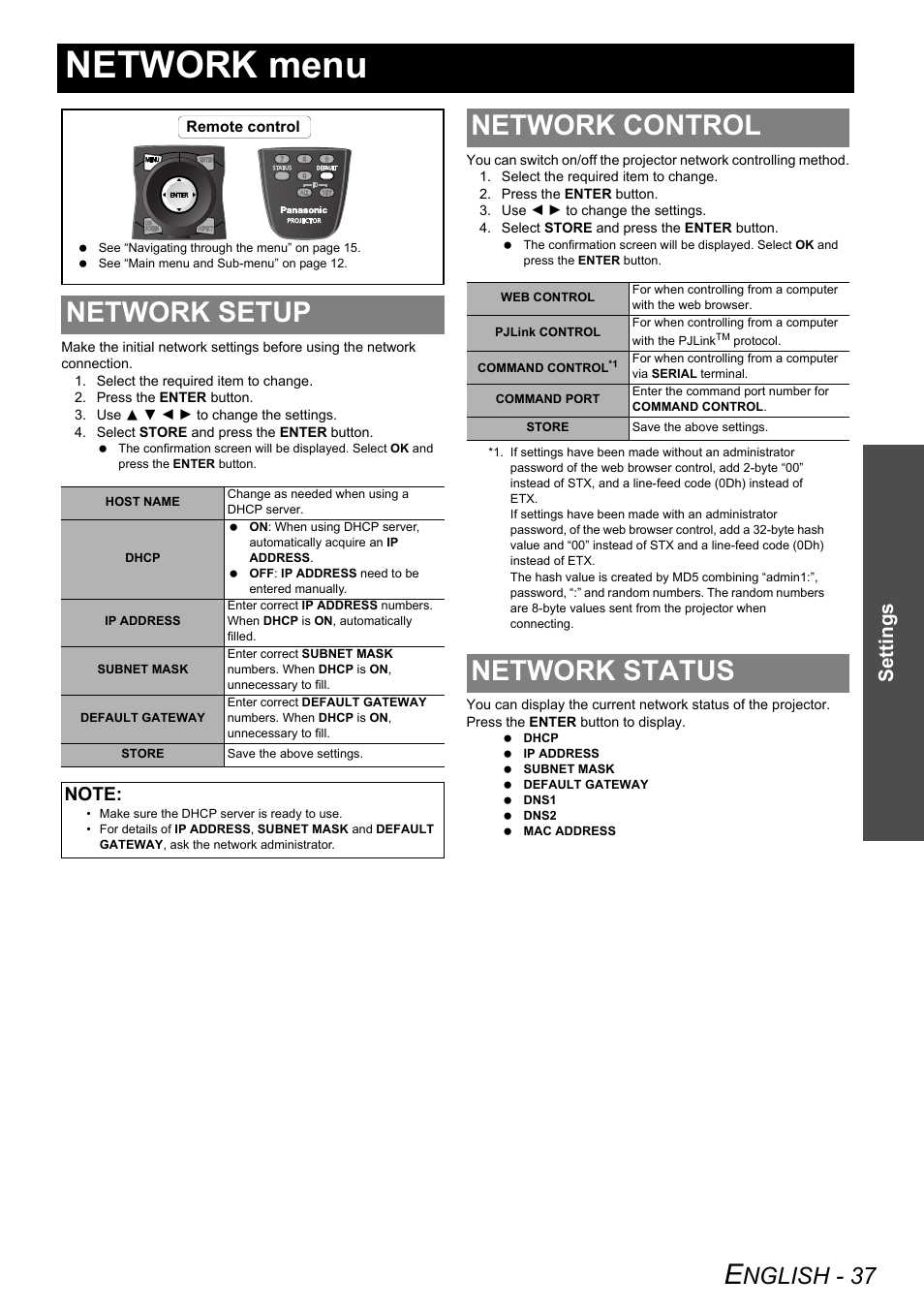 Network menu, Network setup, Network control | Network status, Network setup network control network status, Nglish - 37, Settings | Panasonic DLP PT-DW6300 User Manual | Page 37 / 52