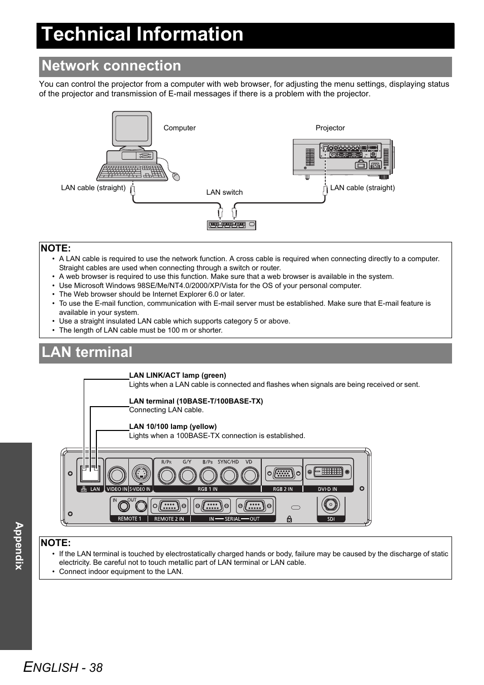 Technical information, Network connection, Lan terminal | Network connection lan terminal, Nglish - 38 | Panasonic DLP PT-DW6300 User Manual | Page 38 / 52