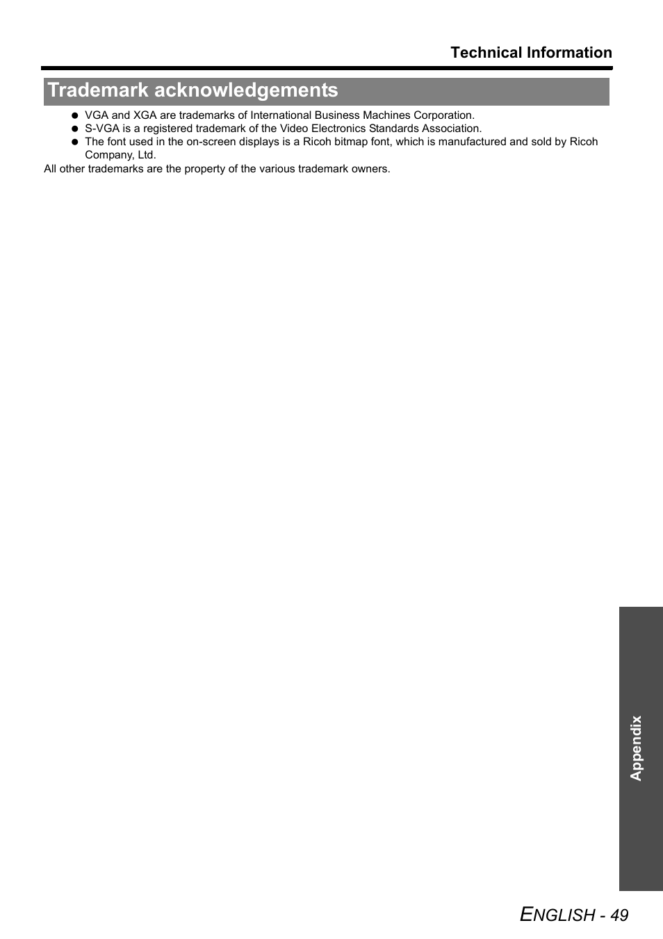 Trademark acknowledgements, Nglish - 49 | Panasonic DLP PT-DW6300 User Manual | Page 49 / 52