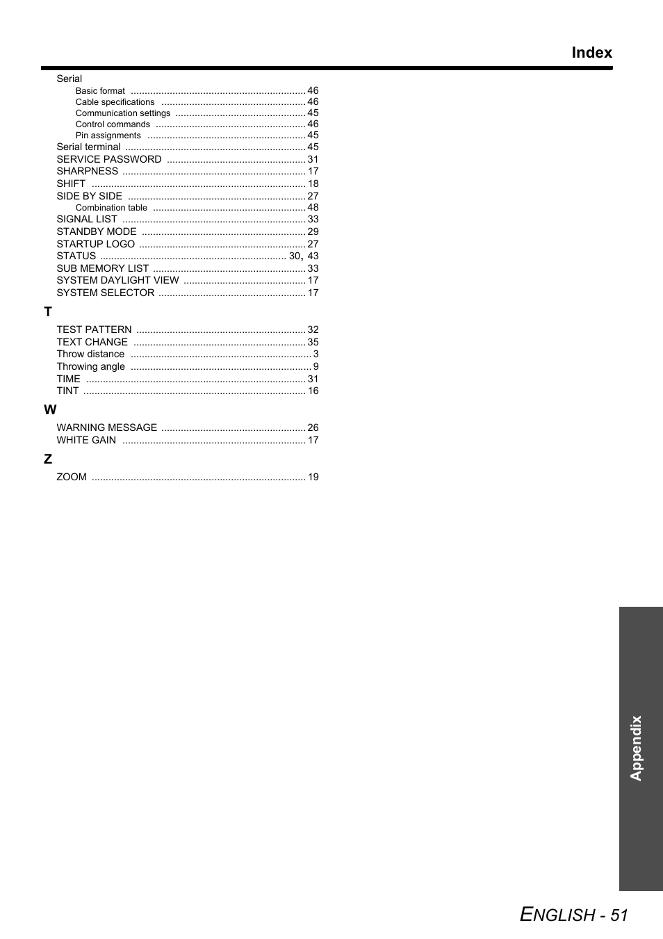 Nglish - 51, Index, Appendix | Panasonic DLP PT-DW6300 User Manual | Page 51 / 52