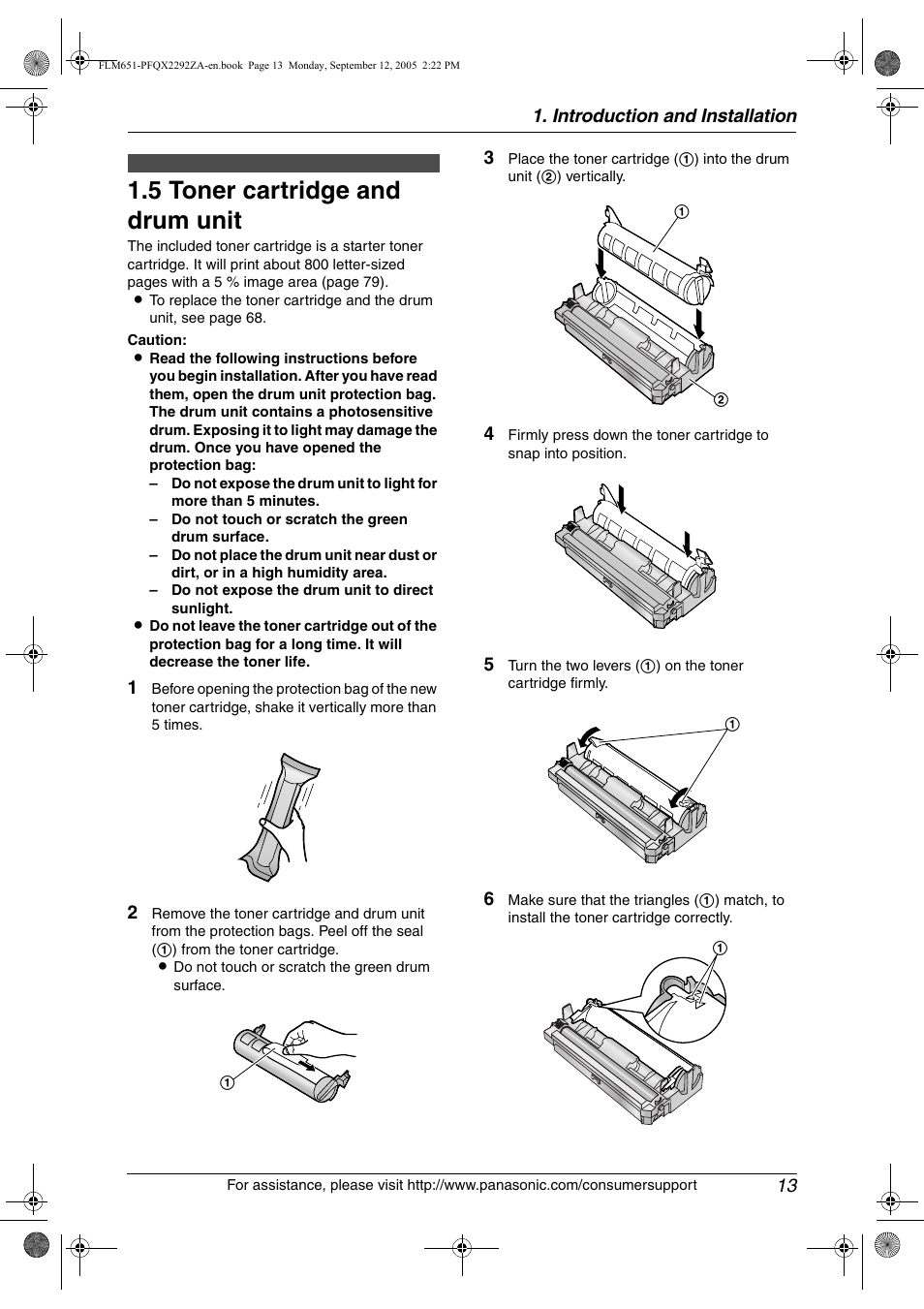 Installation, 5 toner cartridge and drum unit, Toner cartridge and drum unit | 5 toner cartridge and drum unit | Panasonic KX-FLM651 User Manual | Page 15 / 90