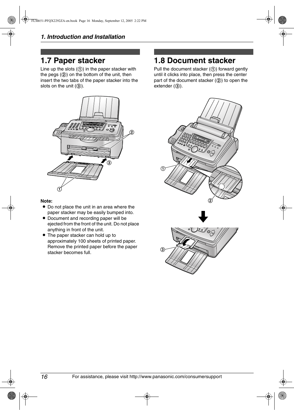 7 paper stacker, 8 document stacker, Paper stacker | Document stacker, 7 paper stacker, 8 document stacker | Panasonic KX-FLM651 User Manual | Page 18 / 90