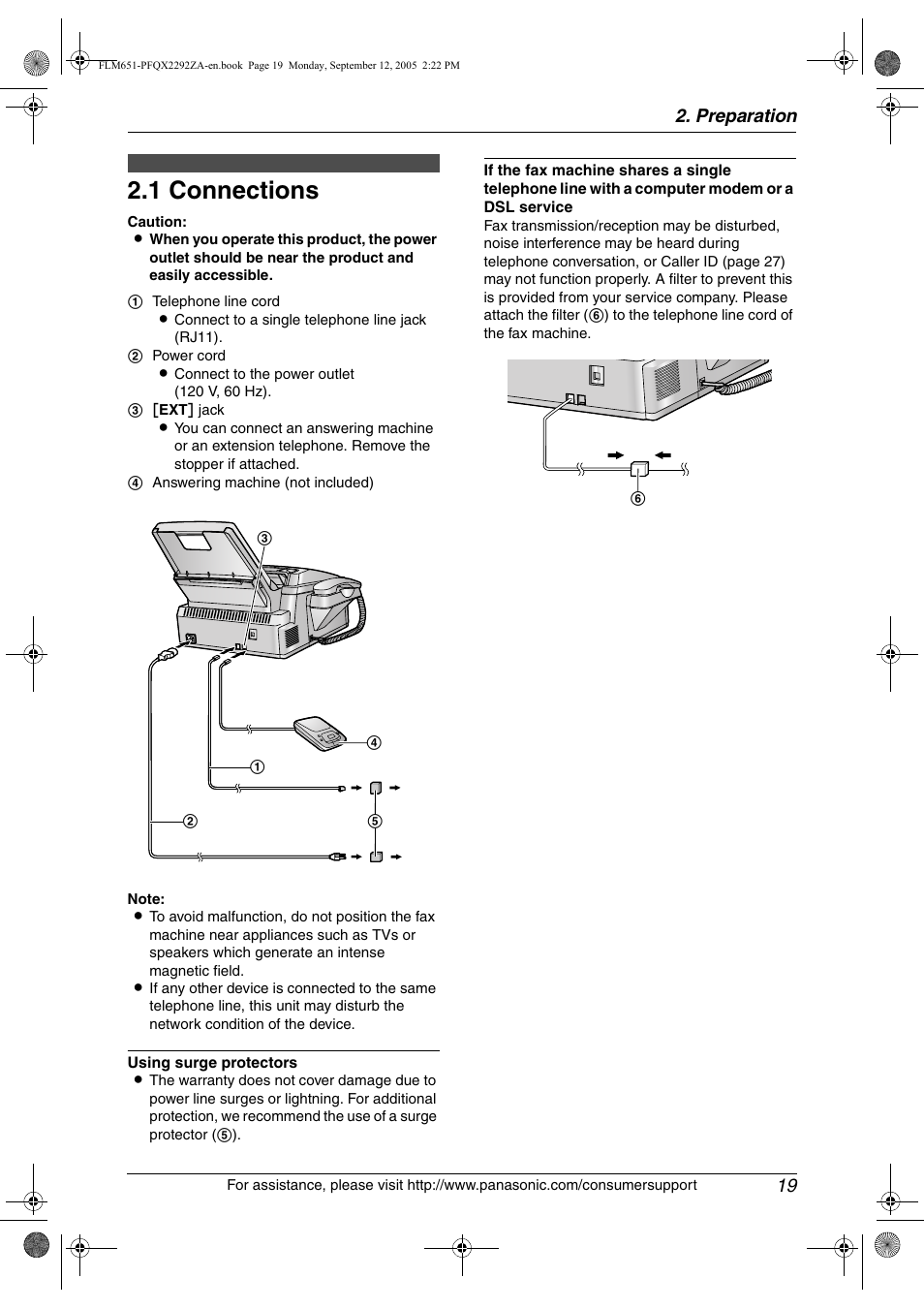 Preparation, Connections and setup, 1 connections | Connections, 1 connections, Preparation 19 | Panasonic KX-FLM651 User Manual | Page 21 / 90