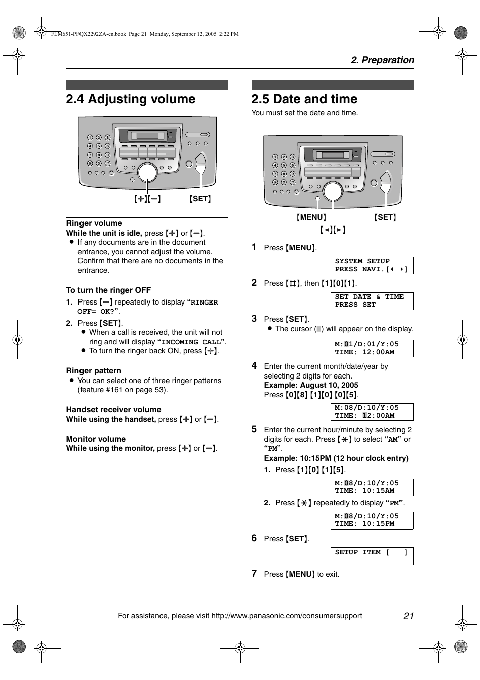 4 adjusting volume, Initial programming, 5 date and time | Adjusting volume, Date and time, 4 adjusting volume, 5 date and time, Preparation 21 | Panasonic KX-FLM651 User Manual | Page 23 / 90