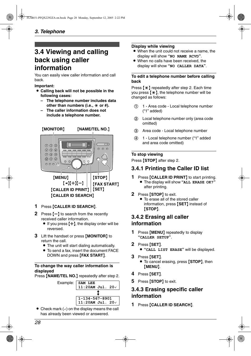 Viewing and calling back using caller information, 1 printing the caller id list, 2 erasing all caller information | 3 erasing specific caller information | Panasonic KX-FLM651 User Manual | Page 30 / 90