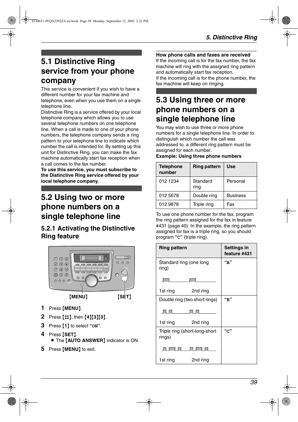 Distinctive ring, Distinctive ring service from your phone company, 1 distinctive ring service from your phone company | 1 activating the distinctive ring feature | Panasonic KX-FLM651 User Manual | Page 41 / 90