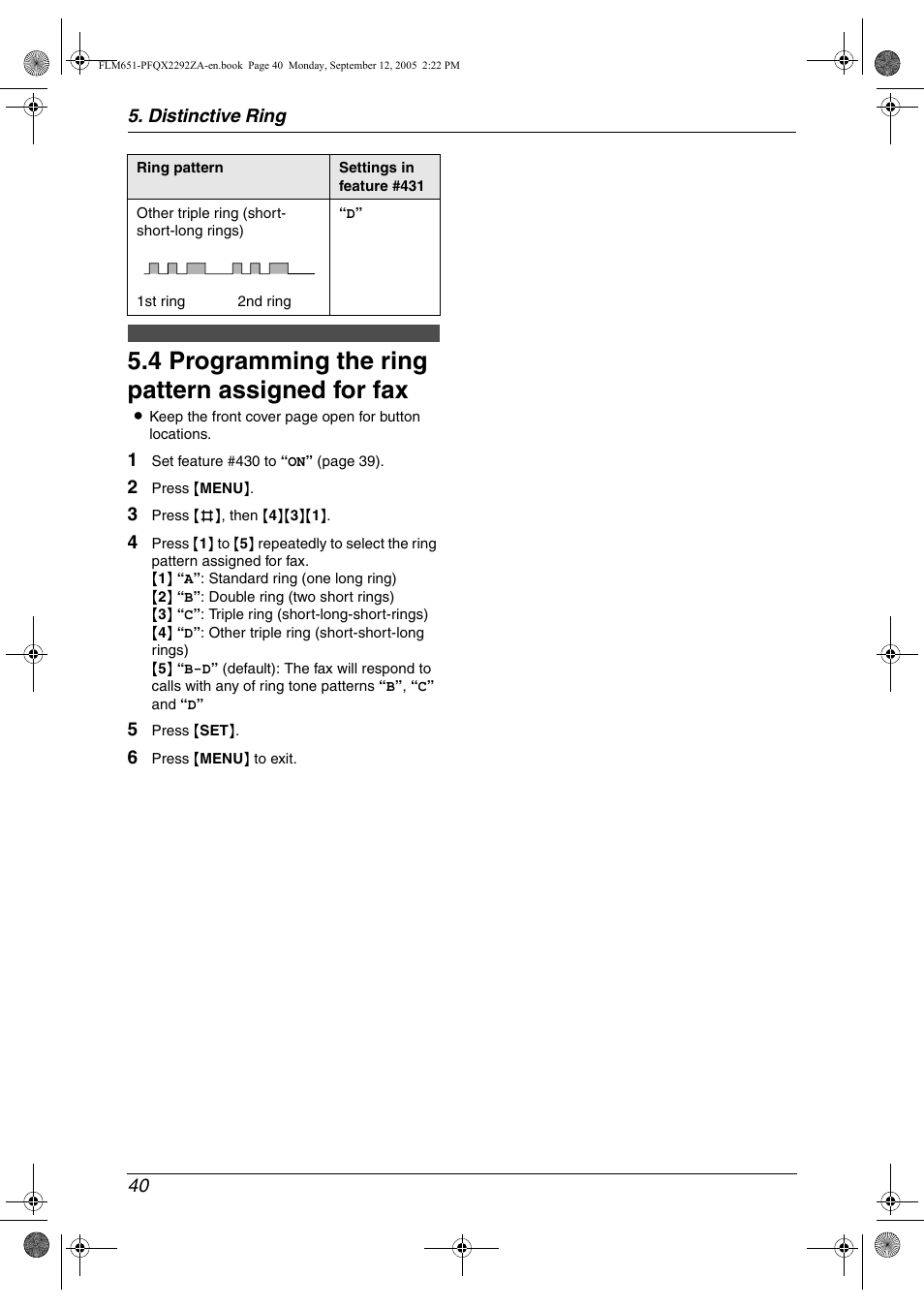 4 programming the ring pattern assigned for fax, Programming the ring pattern assigned for fax, 4 programming the ring pattern assigned for fax | Panasonic KX-FLM651 User Manual | Page 42 / 90