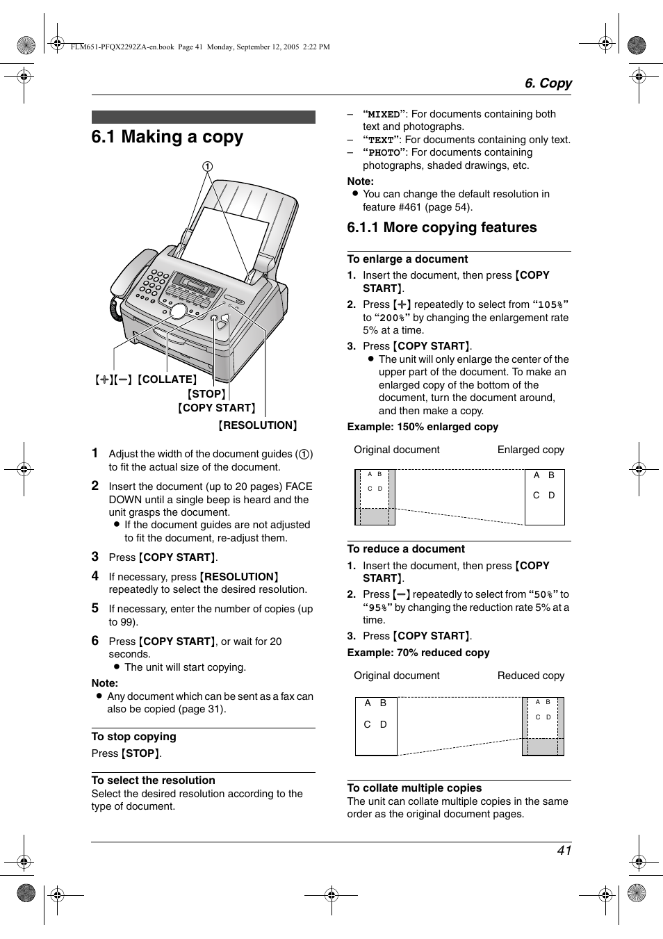 Copy, Copying, 1 making a copy | Making a copy, 1 making a copy, 1 more copying features, Copy 41 | Panasonic KX-FLM651 User Manual | Page 43 / 90
