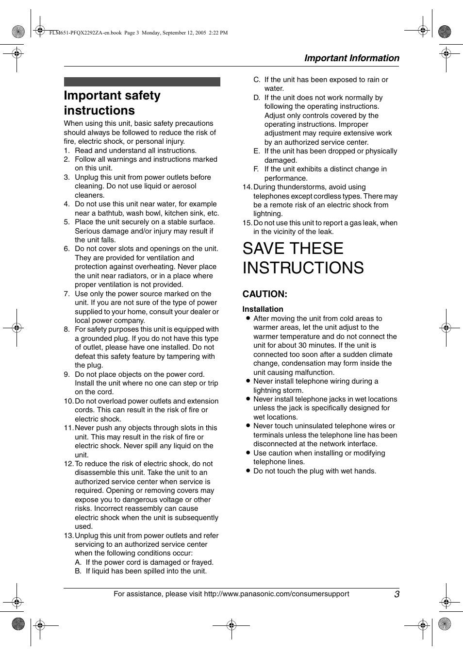 Important information, Safety instructions, Important safety instructions | Save these instructions, Important information 3, Caution | Panasonic KX-FLM651 User Manual | Page 5 / 90