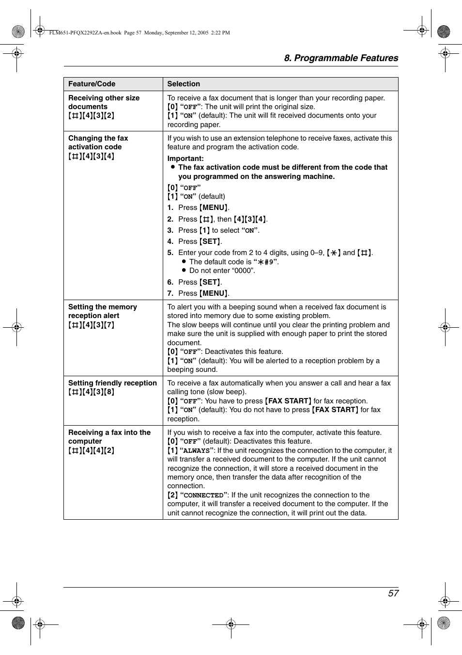 Programmable features 57 | Panasonic KX-FLM651 User Manual | Page 59 / 90