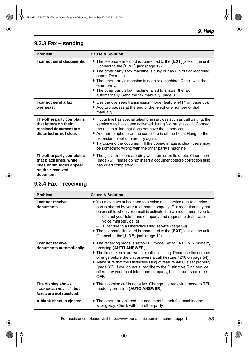 3 fax – sending 9.3.4 fax – receiving, Help 63 | Panasonic KX-FLM651 User Manual | Page 65 / 90