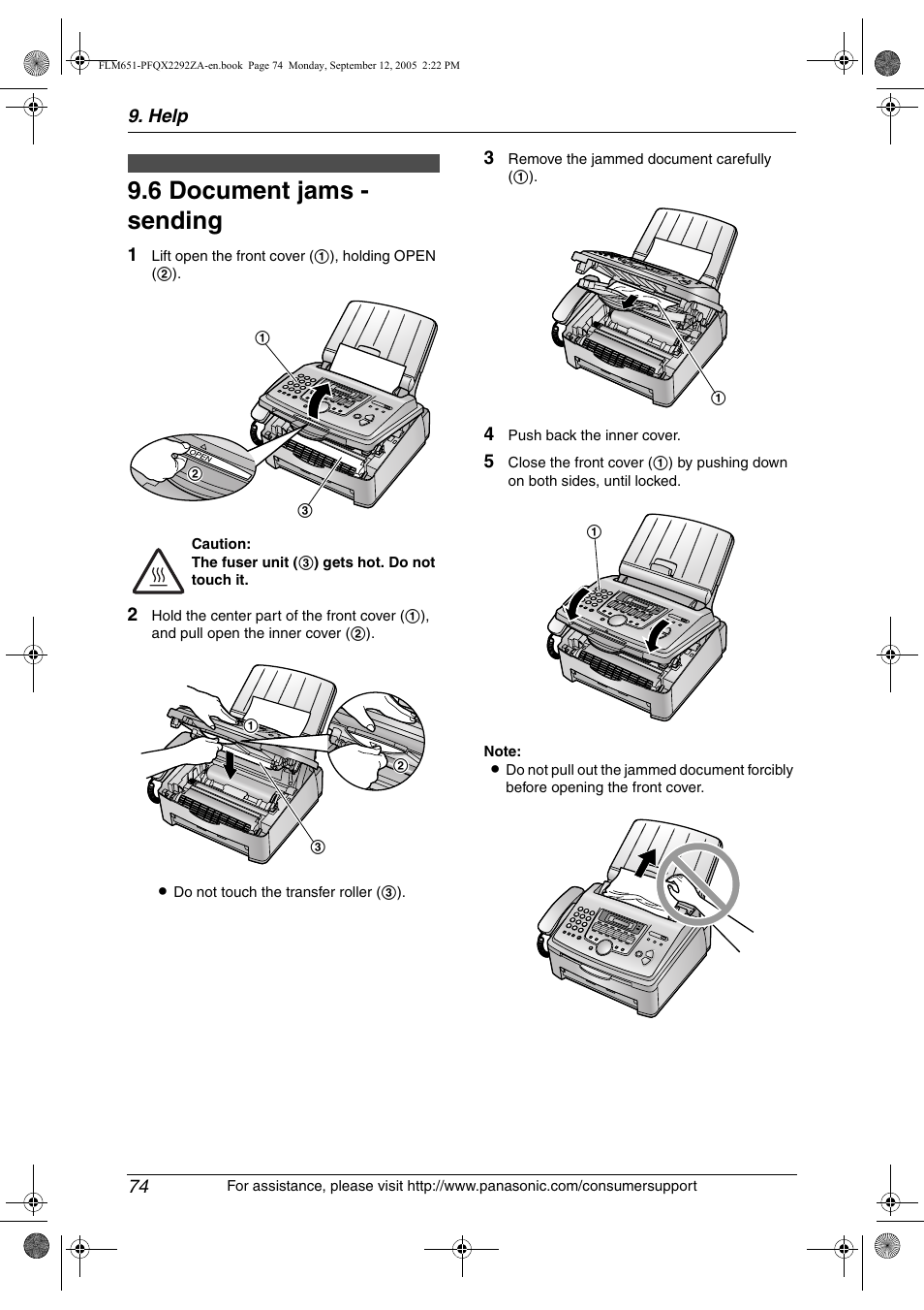 6 document jams - sending, Document jams - sending, 6 document jams - sending | Panasonic KX-FLM651 User Manual | Page 76 / 90