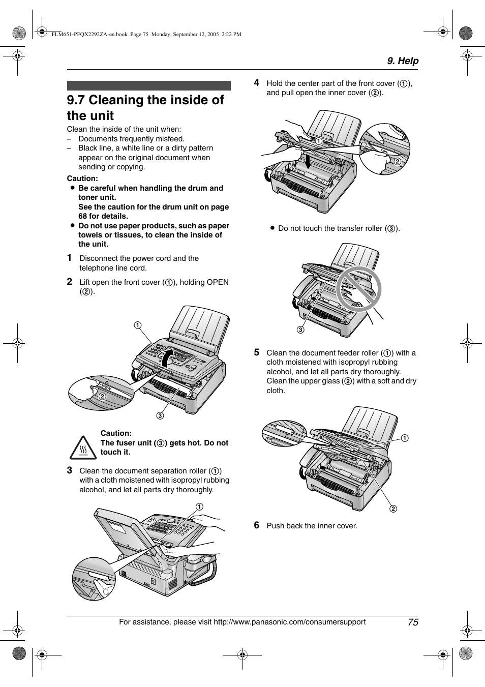 Cleaning, 7 cleaning the inside of the unit, Cleaning the inside of the unit | 7 cleaning the inside of the unit, Help 75 | Panasonic KX-FLM651 User Manual | Page 77 / 90