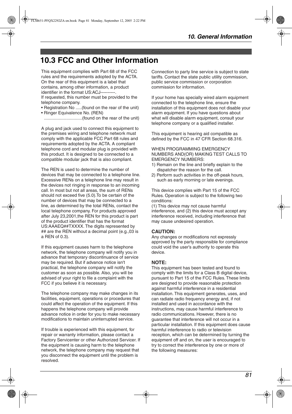 Fcc and other information, 3 fcc and other information, 3 fcc and other information | General information 81 | Panasonic KX-FLM651 User Manual | Page 83 / 90