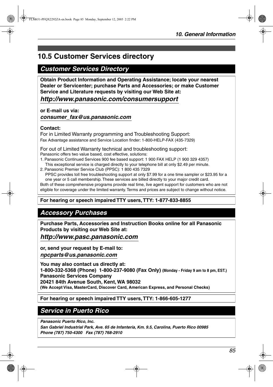 Customer services, 5 customer services directory, Customer services directory | 5 customer services directory, Accessory purchases service in puerto rico | Panasonic KX-FLM651 User Manual | Page 87 / 90
