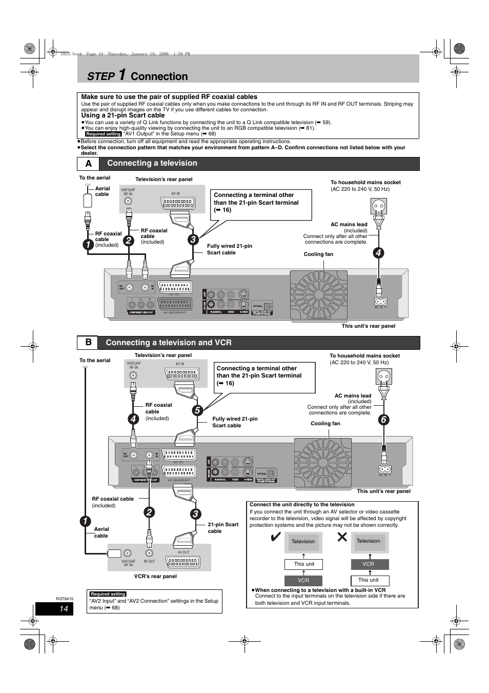 Step, Connection, Connecting a television | Connecting a television and vcr, Using a 21-pin scart cable | Panasonic DMR-EH55 User Manual | Page 14 / 84