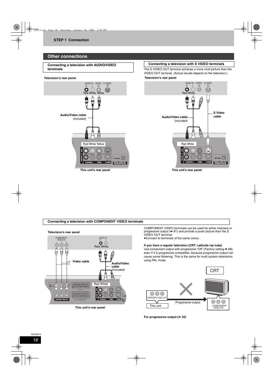 Other connections, Step 1 connection, Connecting a television with audio/video terminals | Connecting a television with s video terminals, Red white yellow, Red white, This unit progressive output | Panasonic DMR-EH55 User Manual | Page 16 / 84