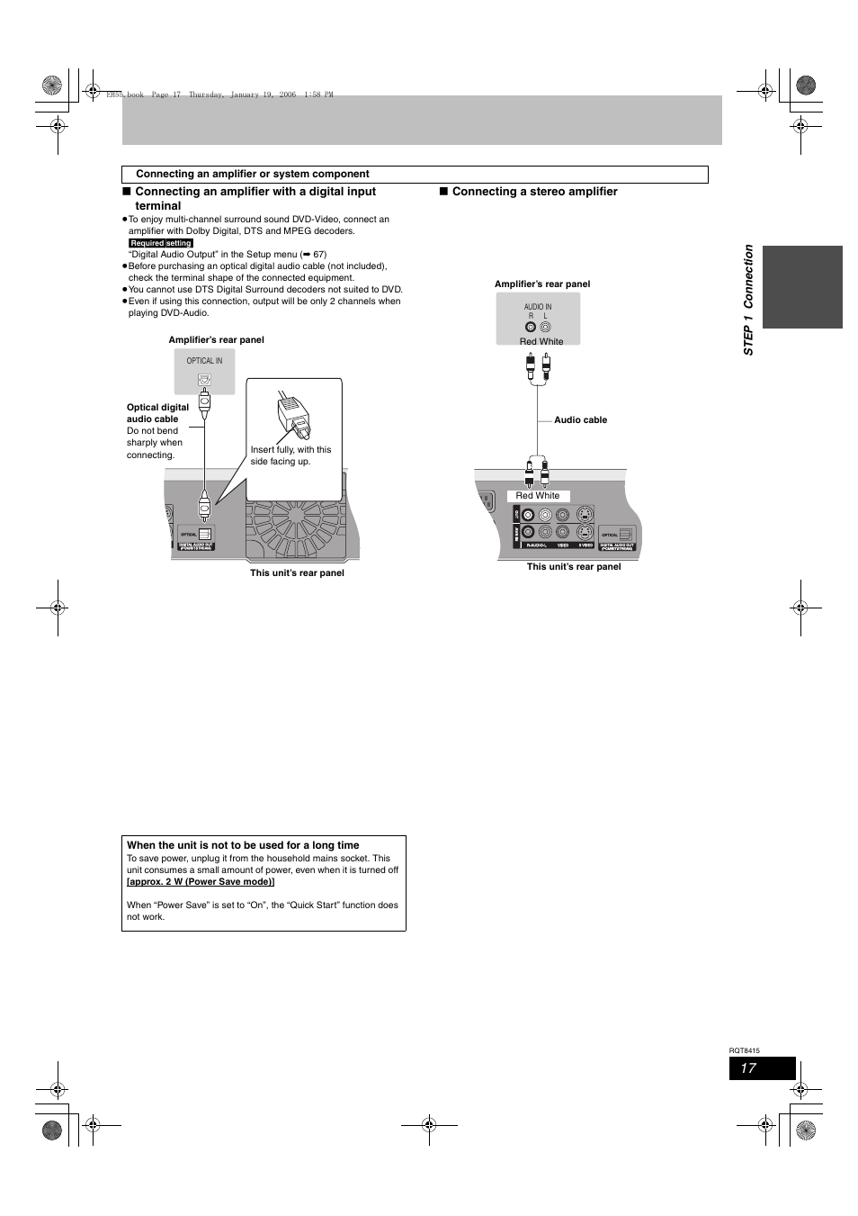 Connecting a stereo amplifier, Ste p 1 c onne c tion | Panasonic DMR-EH55 User Manual | Page 17 / 84