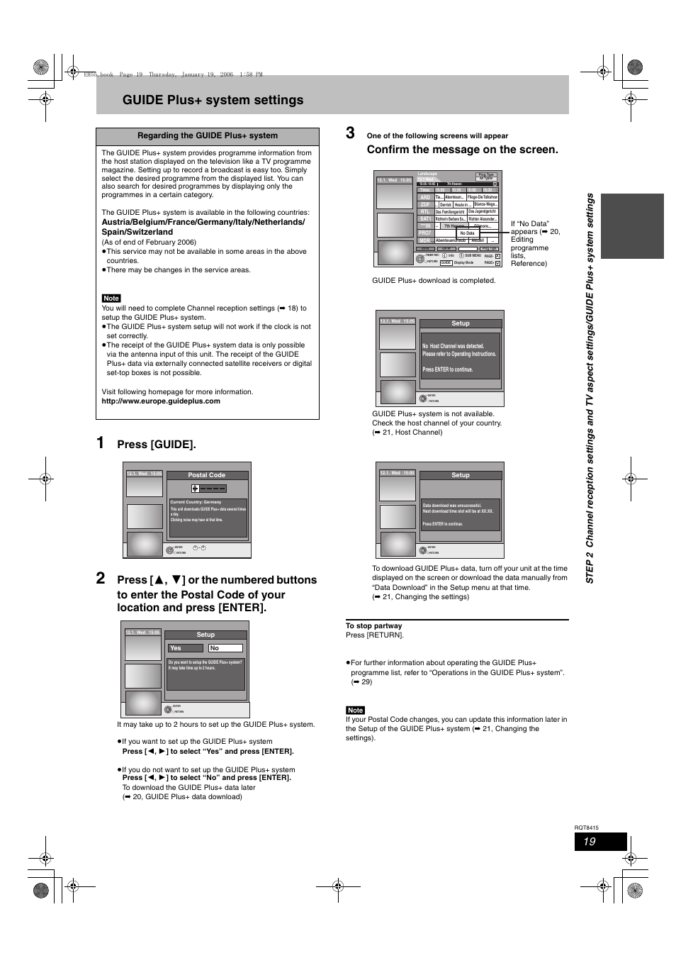 Guide plus+ system settings, Press [guide, Confirm the message on the screen | Panasonic DMR-EH55 User Manual | Page 19 / 84