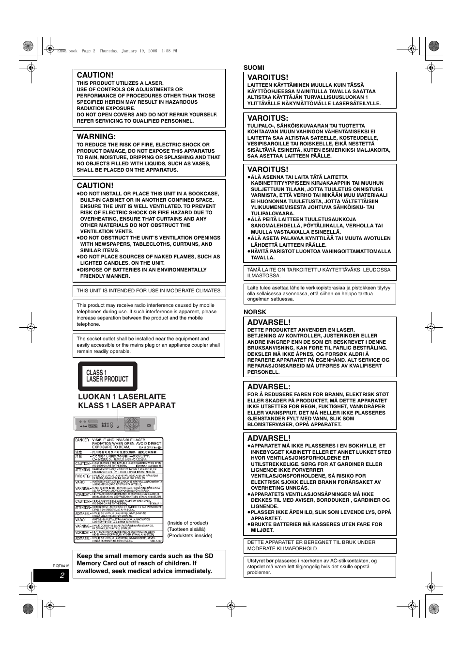 Caution, Warning, Class 1 laser product | Varoitus, Advarsel | Panasonic DMR-EH55 User Manual | Page 2 / 84