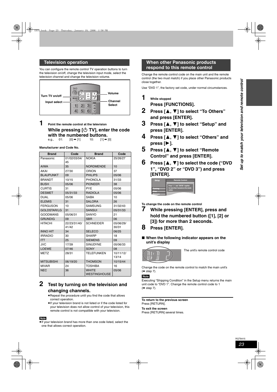 Press [functions, Press [ 3 , 4 ] to select “setup” and press [enter, Press [ 3 , 4 ] to select “others” and press [ 1 | Press [enter, Television operation | Panasonic DMR-EH55 User Manual | Page 23 / 84