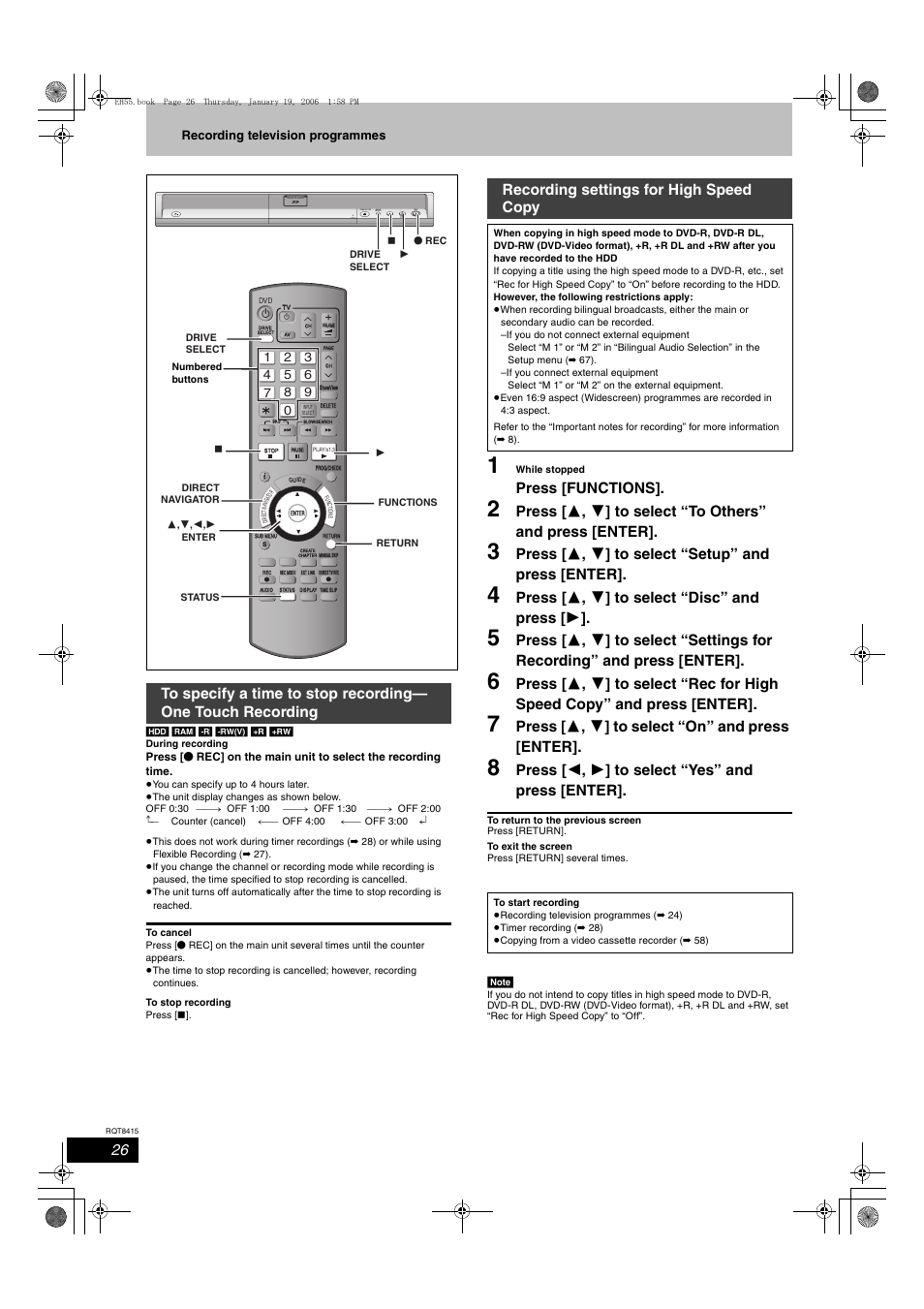 Press [functions, Press [ 3 , 4 ] to select “setup” and press [enter, Press [ 3 , 4 ] to select “disc” and press [ 1 | Press [ 3 , 4 ] to select “on” and press [enter, Press [ 2 , 1 ] to select “yes” and press [enter, Recording settings for high speed copy, Open/close drive select, Recording television programmes | Panasonic DMR-EH55 User Manual | Page 26 / 84