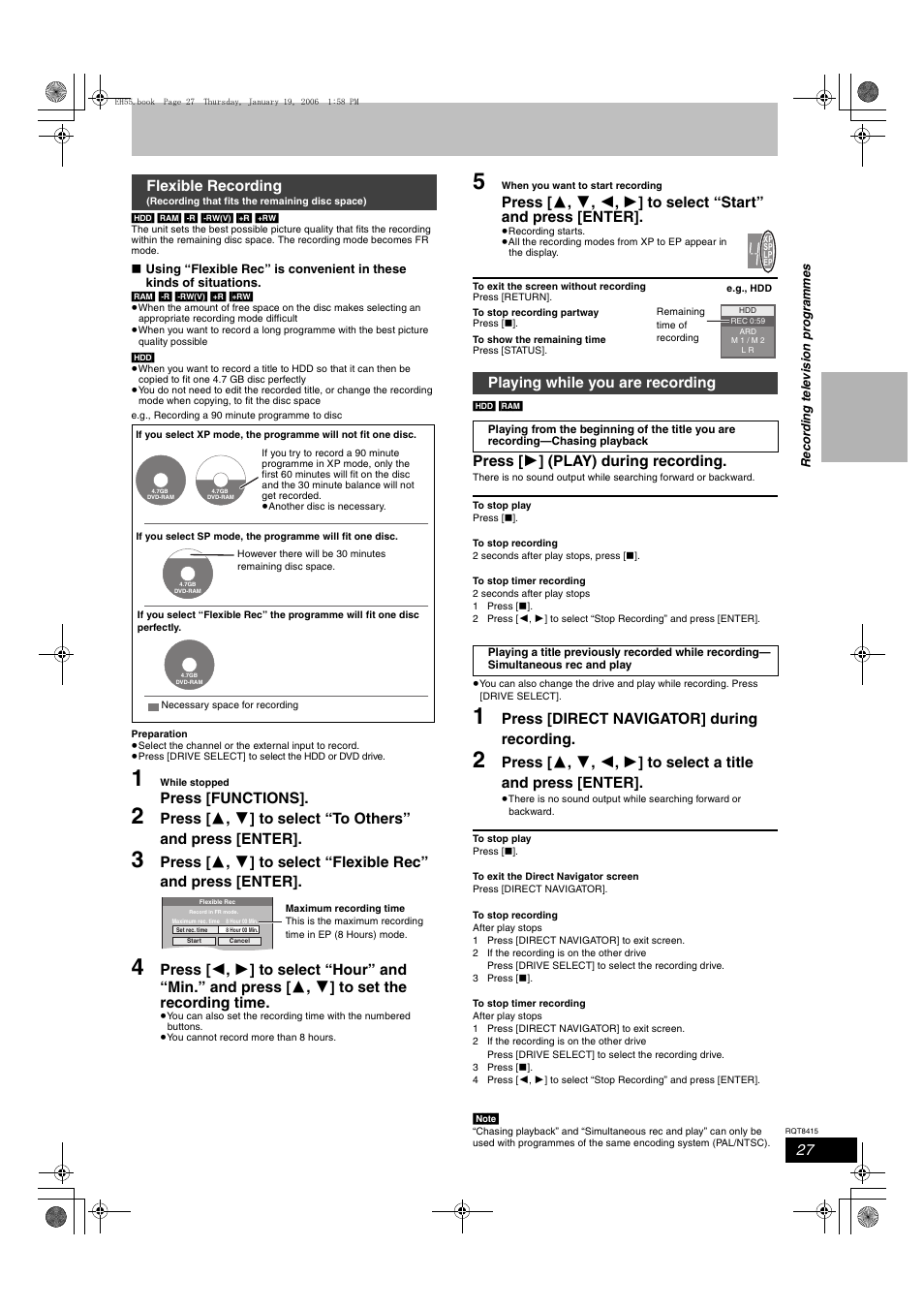 Press [functions, Press [ 1 ] (play) during recording, Press [direct navigator] during recording | Flexible recording, Playing while you are recording | Panasonic DMR-EH55 User Manual | Page 27 / 84